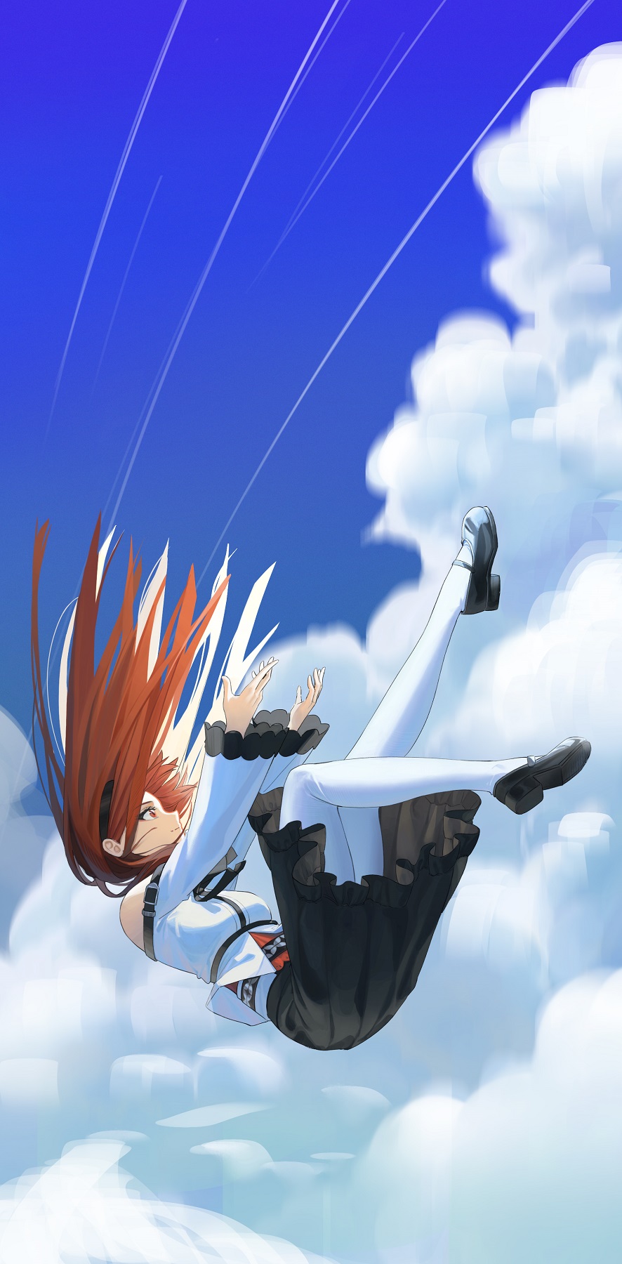 1girl bare_shoulders black_footwear black_skirt blue_sky brown_hair closed_mouth clouds cloudy_sky commentary_request day eris_greyrat falling frilled_skirt frills from_side highres jacket legs_up long_hair long_sleeves looking_away mobu_(wddtfy61) mushoku_tensei outdoors pantyhose pleated_skirt profile red_eyes shoes skirt sky solo white_jacket white_legwear wide_sleeves