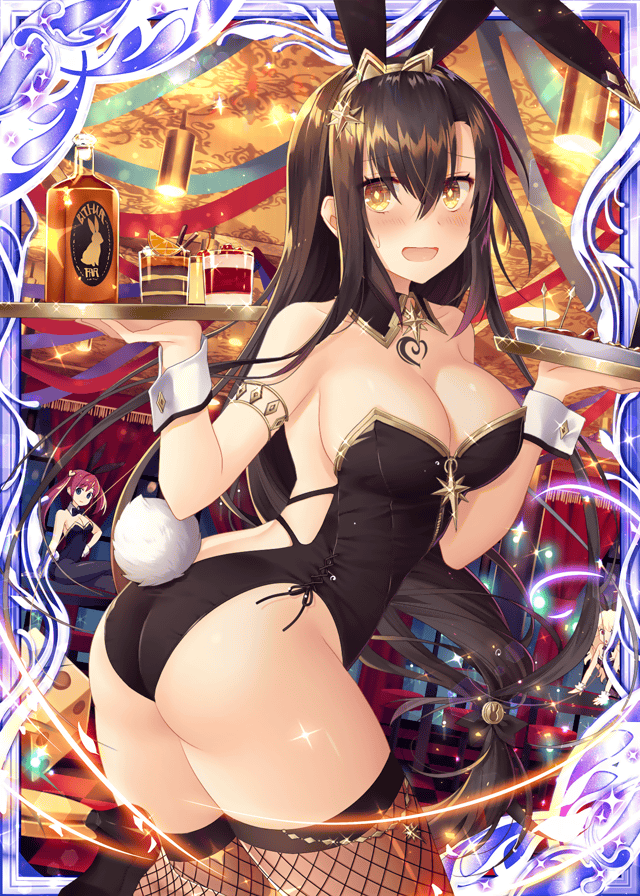 3girls animal_ears ass bare_shoulders black_hair black_leotard breasts bunny_girl cape casino collaboration crossover crown cuffs cup dice dish drinking_glass embarrassed falkyrie_no_monshou fishnets glass glass_bottle handcuffs indoors leotard looking_at_viewer medium_breasts multiple_girls natsumekinoko official_art rabbit_ears rum_(falkyrie_no_monshou) shinkai_no_valkyrie solo thigh-highs wine_glass yellow_eyes