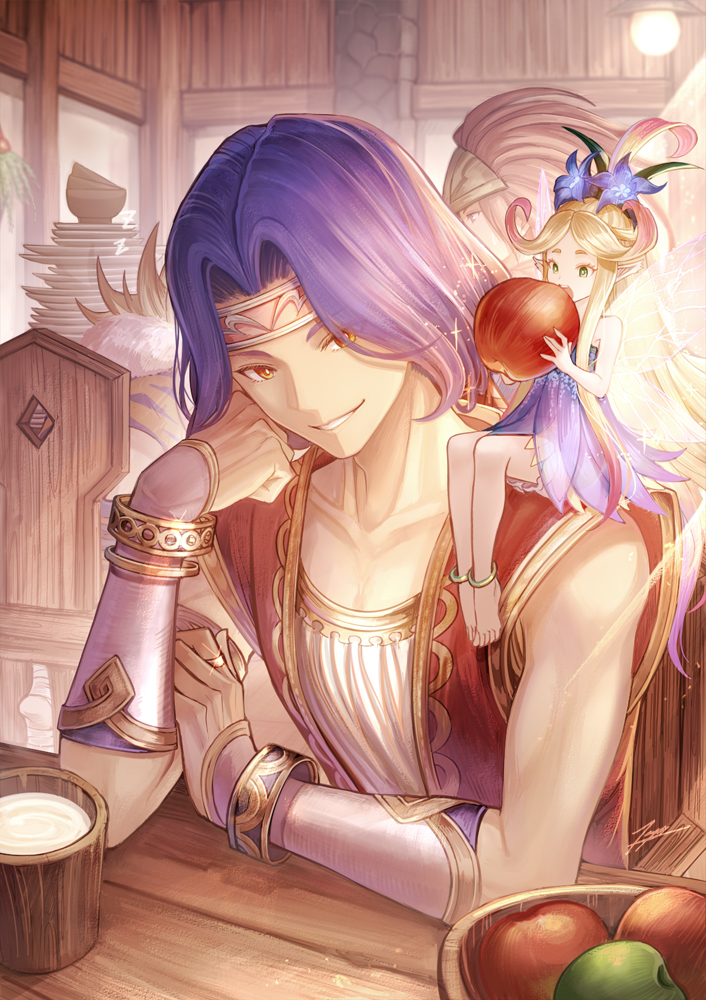 1girl 3boys anklet apple barefoot bishounen blonde_hair blue_dress blue_flower blurry blurry_background bowl brown_eyes chair clenched_hand collarbone cup dress duran_(seiken_densetsu_3) eating elbow_rest faerie_(seiken_densetsu_3) fairy_wings flower food fruit fruit_bowl glint hair_flower hair_ornament hand_on_own_arm hand_on_own_cheek hand_on_own_face hawkeye_(seiken_densetsu_3) holding holding_food indoors jewelry kevin_(seiken_densetsu_3) lamp looking_at_viewer looking_down minigirl multiple_boys on_chair on_shoulder open_mouth plate plate_stack pointy_ears purple_hair red_vest ring see-through_dress seiken_densetsu seiken_densetsu_3 shirt sitting sitting_on_person sitting_on_shoulder sleeping sleeveless sleeveless_shirt sparkle table tenyo0819 upper_teeth vambraces vest white_shirt wings wooden_chair wooden_table zzz