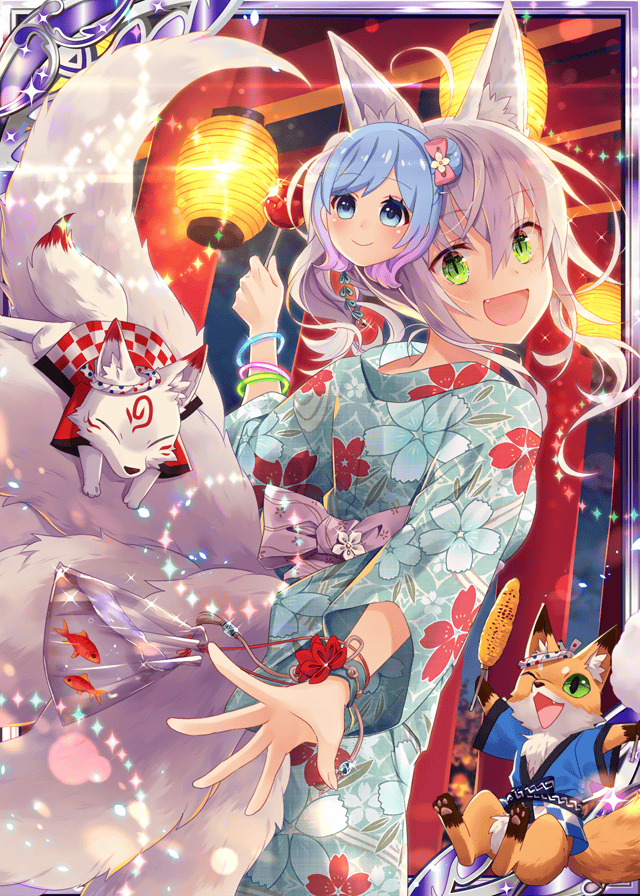 1girl :d animal_ears back collaboration corn falkyrie_no_monshou festival floral_print fox fox_ears fox_girl fox_tail green_eyes japanese_clothes kimono lantern lantern_festival mask multiple_tails natsumekinoko night night_sky official_art open_mouth paper_lantern shinkai_no_valkyrie sky sky_lantern smile tail white_hair