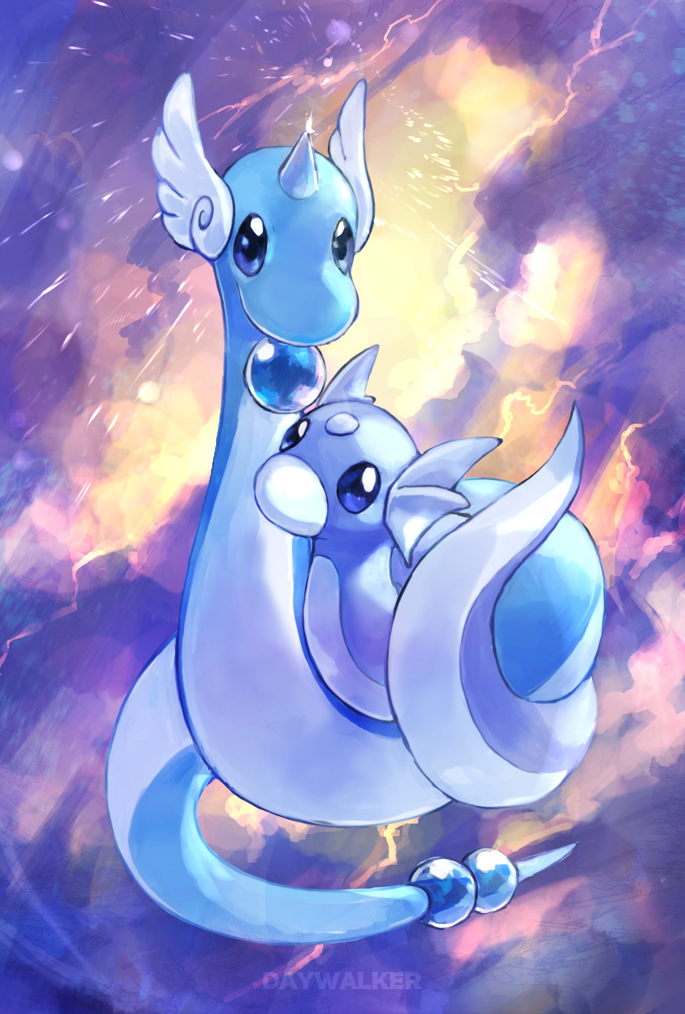 animal_focus artist_name blank_eyes blue_eyes clouds commentary day_walker1117 dragonair dratini english_commentary english_text full_body gen_1_pokemon highres lightning looking_at_viewer no_humans orb outdoors pokemon pokemon_(creature) watermark