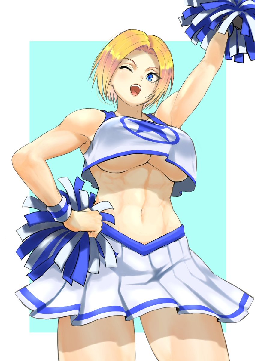 1girl anagumasan arm_up armpits blonde_hair blue_eyes blue_mary breasts cheering cheerleader clothes_writing crop_top crop_top_overhang fatal_fury highres holding holding_pom_poms midriff miniskirt navel one_eye_closed open_mouth pleated_skirt pom_poms shirt shoes short_hair skirt sleeveless sleeveless_shirt smile sneakers solo standing standing_on_one_leg takaramonozu the_king_of_fighters