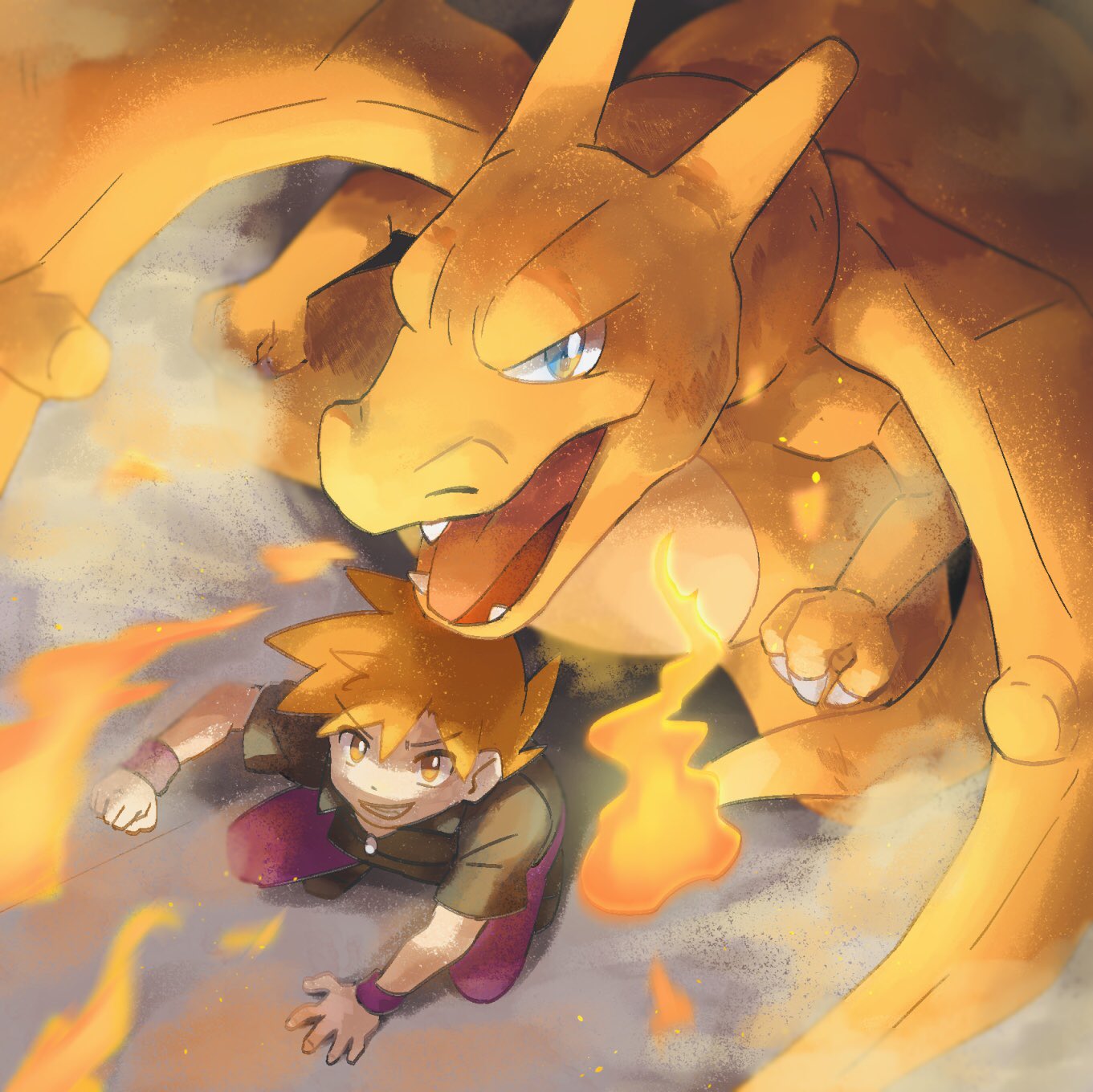 1boy bangs black_shirt blue_eyes blue_oak charizard claws clenched_hand clenched_teeth commentary_request fangs fire from_above gen_1_pokemon highres jewelry looking_up male_focus necklace open_mouth orange_eyes orange_hair pants pokemon pokemon_(creature) pokemon_(game) pokemon_frlg purple_pants purple_wristband shirt shoes short_sleeves smile spiky_hair squatting teeth tongue torinoko_(miiko_draw) wristband