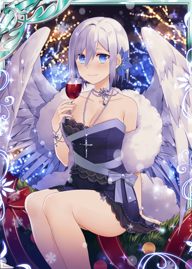 1girl angel angel_wings black_dress blue_eyes breasts collaboration cross cross_necklace cup dress drinking_glass falkyrie_no_monshou flower glass hair_flower hair_ornament jewelry lawn looking_at_viewer medium_breasts musse_(falkyrie_no_monshou) natsumekinoko necklace night night_sky official_art purple_ribbon red_ribbon ribbon shinkai_no_valkyrie short_hair sitting sky smile snowflakes white_hair wine_glass wings