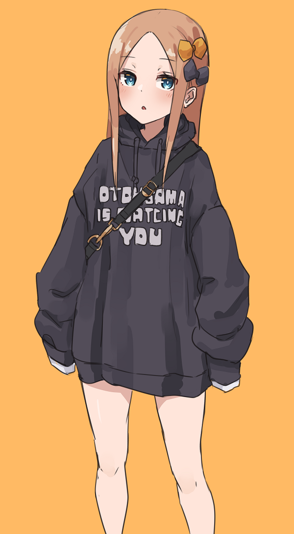 1girl abigail_williams_(fate) bag bangs black_bow black_hoodie blue_eyes blush bow brown_bow brown_hair clothes_writing commentary_request drawstring english_text eyebrows_visible_through_hair fate/grand_order fate_(series) feet_out_of_frame forehead hair_bow hood hood_down hoodie kopaka_(karda_nui) long_hair long_sleeves looking_at_viewer orange_background parted_bangs parted_lips shoulder_bag simple_background sleeves_past_fingers sleeves_past_wrists solo standing