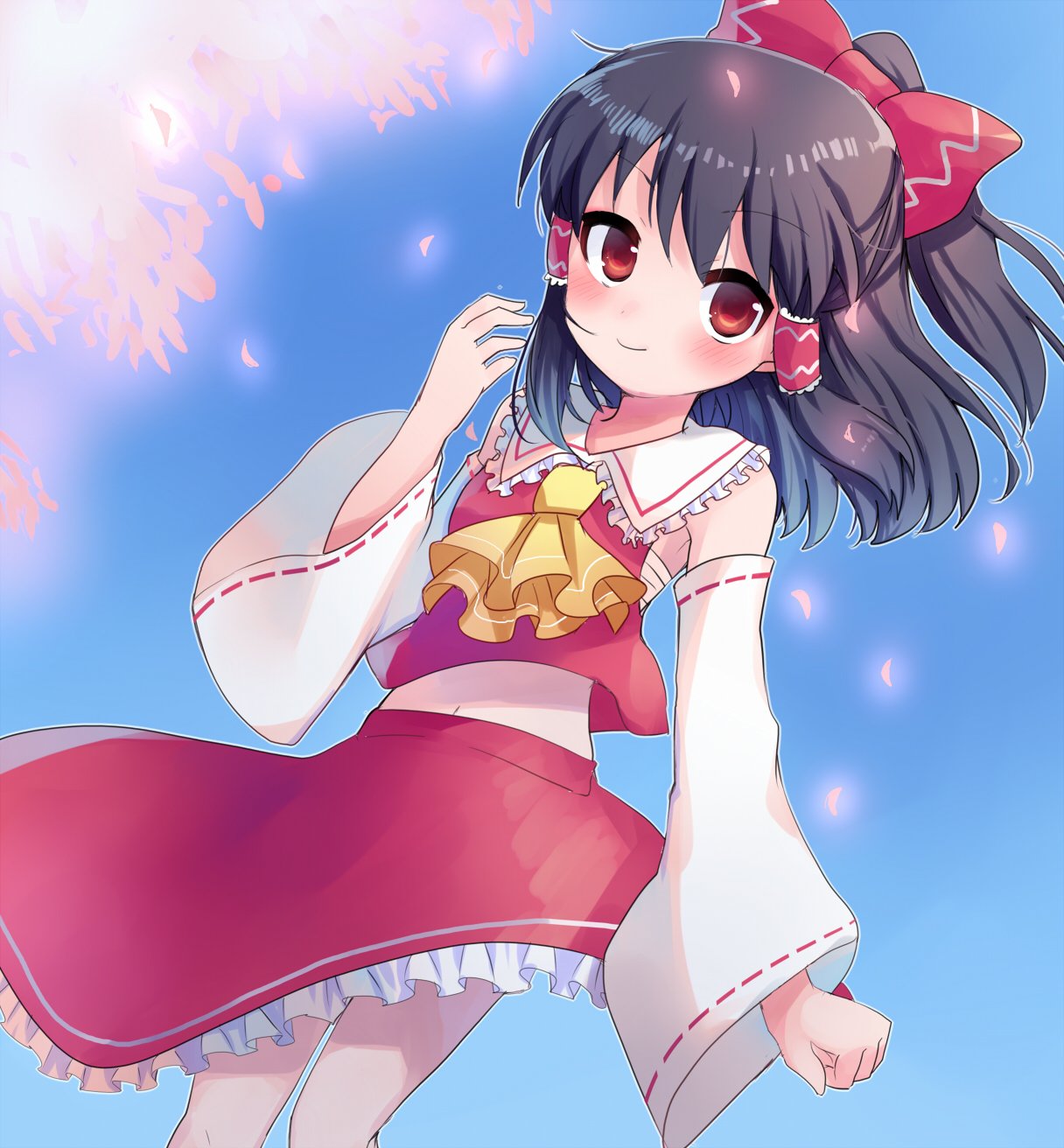 1girl ascot bangs black_hair blush bow cherry_blossoms closed_mouth cowboy_shot detached_sleeves dutch_angle eyebrows_visible_through_hair frilled_shirt_collar frilled_skirt frills hair_between_eyes hair_bow hair_tubes hakurei_reimu high_ponytail highres looking_at_viewer medium_hair red_bow red_eyes red_skirt ribbon-trimmed_sleeves ribbon_trim sarashi shirt skirt skirt_set sleeveless sleeveless_shirt smile solo touhou white_sleeves xox_xxxxxx yellow_neckwear