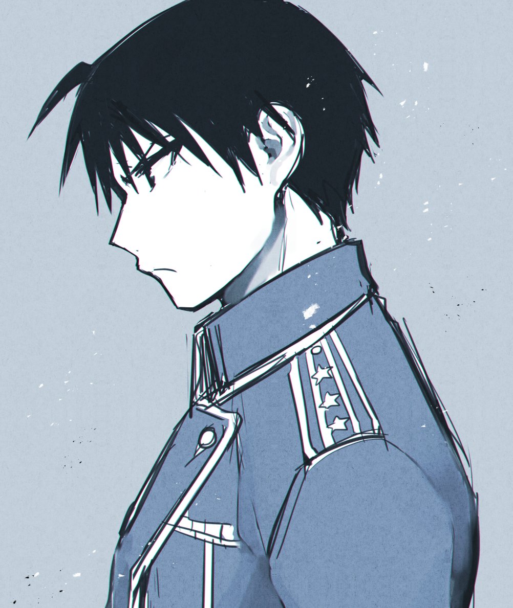 1boy amestris_military_uniform black_eyes black_hair blue_jacket blue_theme closed_mouth collared_jacket colored_skin from_side frown fullmetal_alchemist grey_background grey_theme jacket limited_palette looking_afar male_focus military military_uniform monochrome muted_color pkbr profile roy_mustang serious simple_background spiky_hair tsurime uniform upper_body white_skin