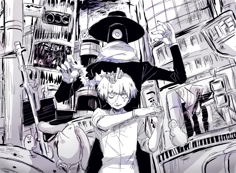 2boys bow bowtie building fingernails fuji_den_fujiko greyscale hat hitotsume-sama long_sleeves looking_at_viewer male_focus monochrome multiple_boys nonsense_bunkaku_(vocaloid) pose scarf sharp_fingernails skyscraper traffic_light