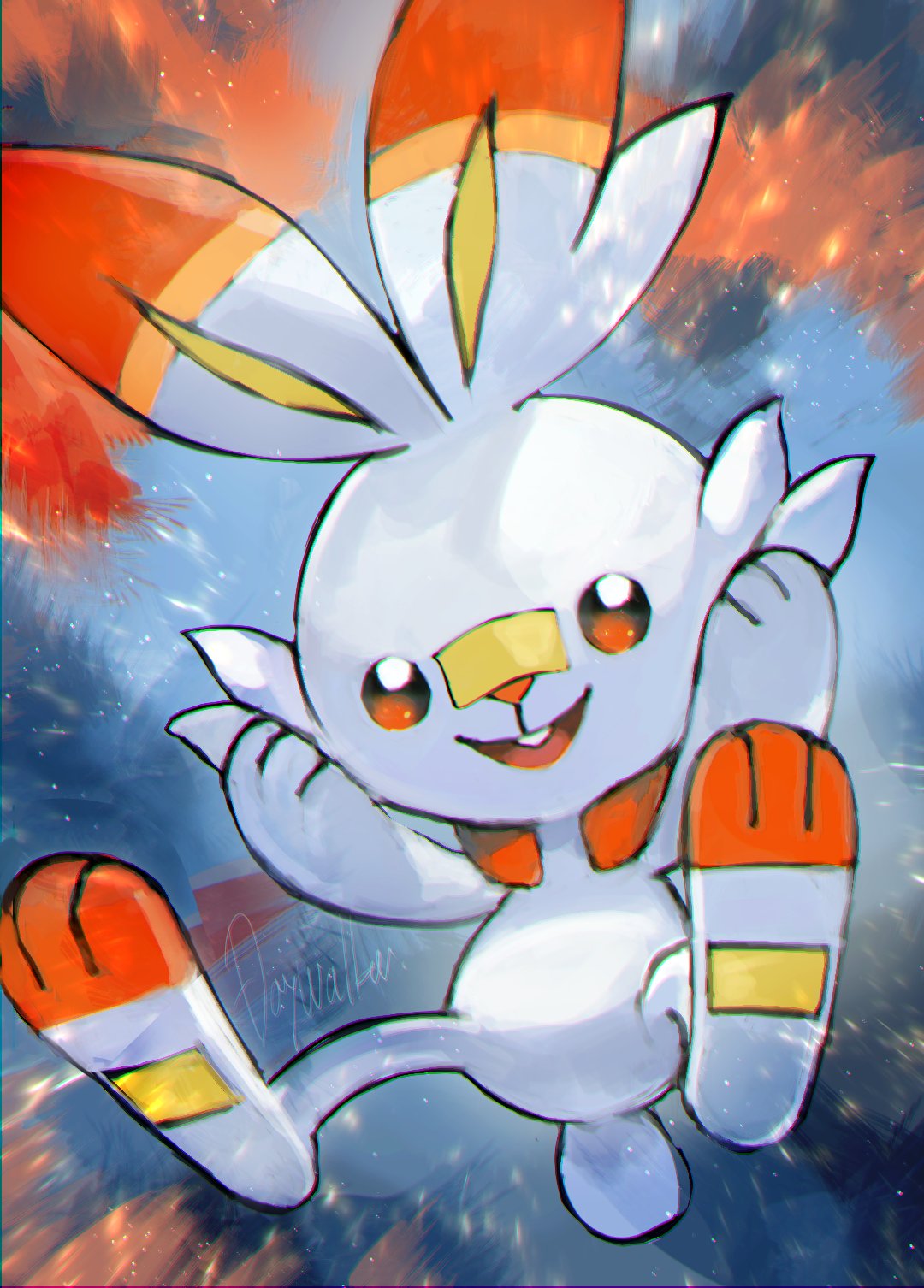 animal_focus artist_name bandaid bandaid_on_nose blank_eyes blue_background buck_teeth commentary day_walker1117 english_text full_body gen_8_pokemon hands_up happy highres no_humans open_mouth orange_eyes pawpads pokemon pokemon_(creature) scorbunny signature smile solo