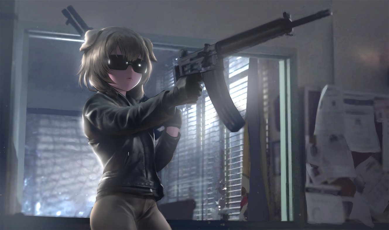 1girl animal_ears assault_rifle bangs black_jacket blurry braid brown_hair brown_pants bulletin_board depth_of_field dog_ears dog_girl doorway dual_wielding gloves gun hair_between_eyes holding holding_weapon hololive indoors infi inugami_korone jacket leather leather_gloves leather_jacket long_hair low_twin_braids open_mouth pants pointing_weapon rifle shotgun solo sunglasses terminator_(series) twin_braids virtual_youtuber weapon window