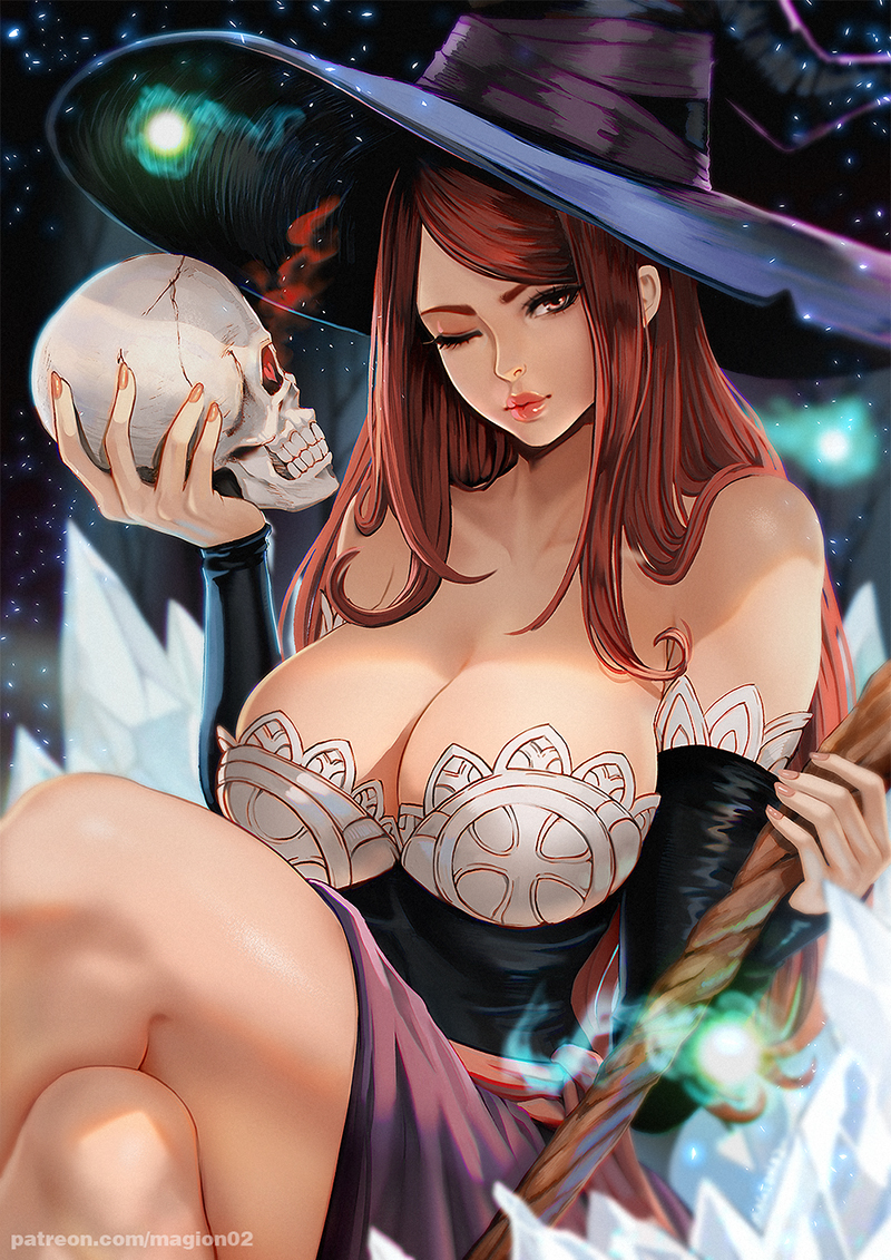 1girl bare_shoulders cleavage crossed_legs detached_sleeves dragon's_crown holding holding_skull large_breasts long_hair looking_at_viewer magion02 one_eye_closed red_hair skull solo sorceress_(dragon's_crown) staff wink witch_hat