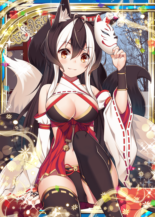 1girl animal_ears bare_shoulders bell black_hair black_panties breasts collaboration fox_ears fox_mask fox_tail japanese_clothes jingle_bell large_breasts looking_at_viewer mask miko multicolored_hair official_art orange_eyes pagoda panties ray-akila shinkai_no_valkyrie shinki_kakusei_melty_maiden sitting tail thigh-highs tree two-tone_hair underwear