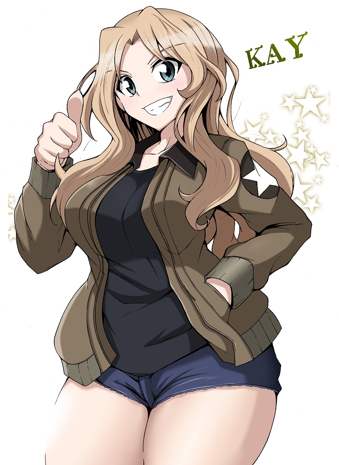 1girl black_shirt blonde_hair blue_eyes blue_shorts character_name commentary_request cowboy_shot cutoffs denim denim_shorts girls_und_panzer grin hair_intakes hand_in_pocket jacket kay_(girls_und_panzer) kirisaki_reina long_hair looking_at_viewer open_clothes open_jacket partial_commentary saunders_military_uniform shirt short_shorts shorts smile solo standing starry_background thumbs_up white_background