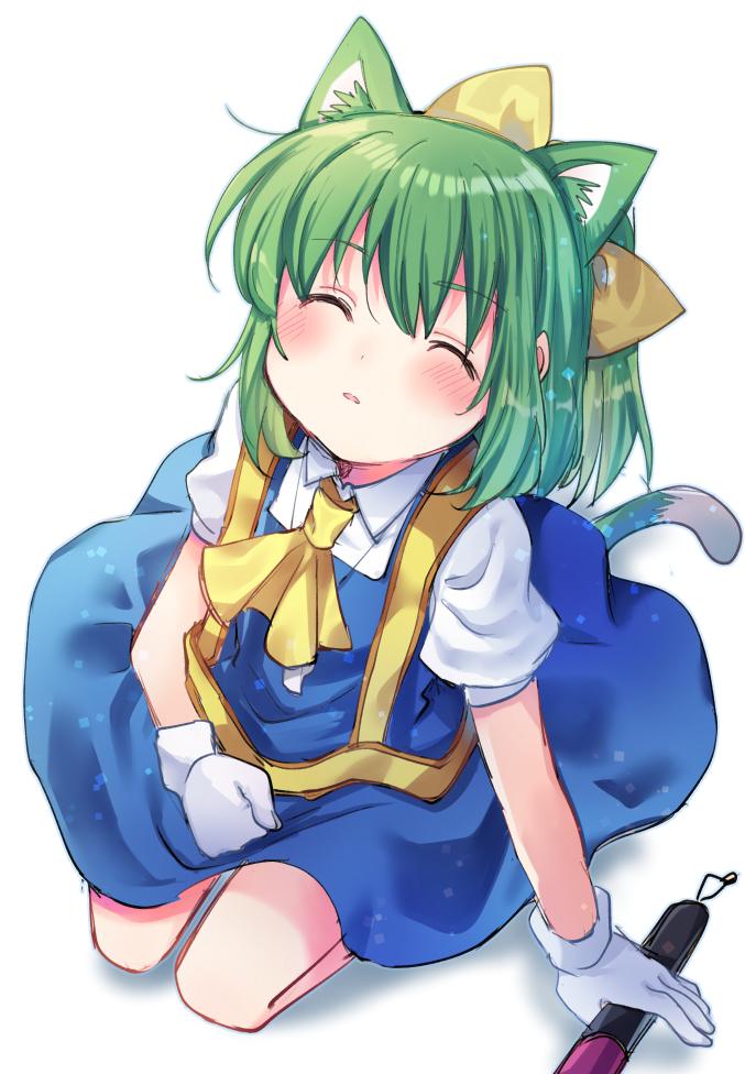 1girl animal_ears ascot bangs blouse blue_dress blush bow cat_ears cat_tail closed_eyes cookie_(touhou) daiyousei diyusi_(cookie) dress eyebrows_visible_through_hair full_body gloves green_hair hair_bow high-visibility_vest kemonomimi_mode looking_at_viewer medium_hair open_mouth pinafore_dress ponytail puffy_short_sleeves puffy_sleeves short_sleeves simple_background sitting solo symbol_commentary tail touhou traffic_baton white_background white_blouse white_gloves xox_xxxxxx yellow_bow yellow_neckwear