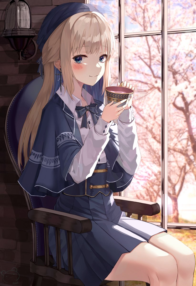 1girl blonde_hair blue_bow blue_eyes blue_headwear blue_neckwear blue_skirt blurry blurry_background blush bow bowtie chair cherry_blossoms closed_mouth collared_shirt cup flower hat highres holding holding_cup indoors long_hair long_sleeves looking_at_viewer original pleated_skirt ruda_(ruda_e) shirt sitting skirt smile solo tree white_shirt window