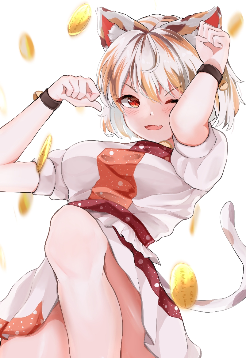 1girl 258n ;d animal_ears bell blush bracelet breasts cat_ears cat_tail coin cowboy_shot crop_top eyebrows_visible_through_hair fang feet_out_of_frame goutokuji_mike hands_up jewelry jingle_bell knee_up large_breasts looking_at_viewer maneki-neko motion_blur multicolored_hair one_eye_closed open_mouth paw_pose red_eyes shirt short_hair silver_hair simple_background skin_fang skirt slit_pupils smile solo streaked_hair tail touhou v-shaped_eyebrows white_background white_shirt white_skirt