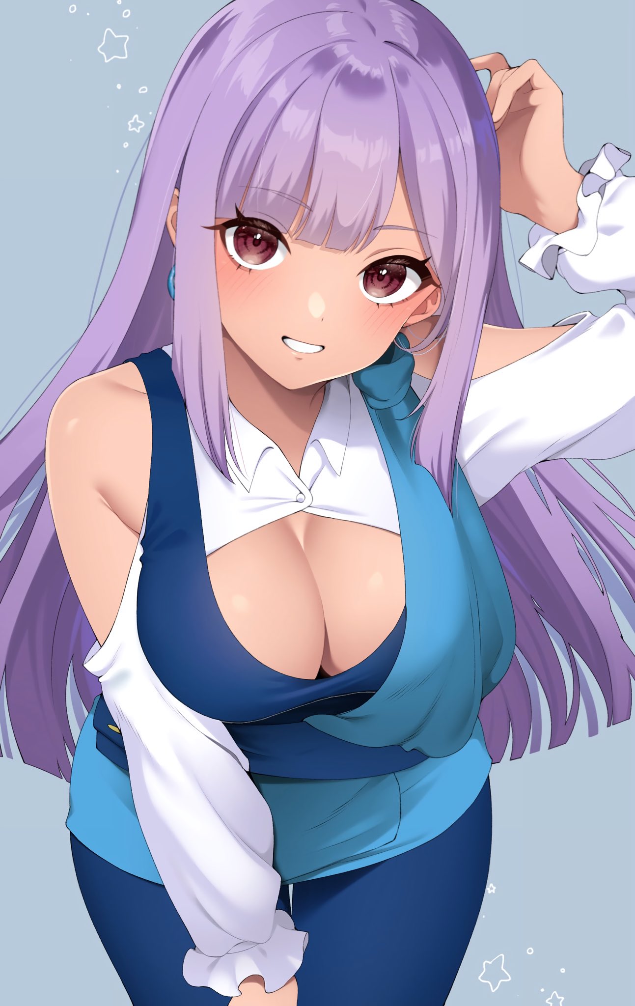 1girl bare_shoulders blue_pants blue_shirt blue_tank_top blush breasts brown_eyes campbell_xx center_opening cleavage earrings grey_background gundam gundam_zz hand_in_own_hair highres jewelry large_breasts long_hair long_sleeves looking_at_viewer medium_breasts pants pantyhose parted_lips purple_eyes purple_hair roux_louka shirt single_earring smile solo star_(symbol) tank_top