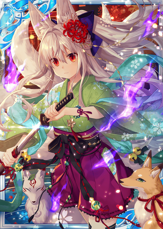 animal_ears breasts closed_mouth collaboration company_name expressionless eyebrows_visible_through_hair falkyrie_no_monshou fox_ears fox_girl fox_tail holding holding_sheath holding_sword holding_weapon japanese_clothes kimono large_breasts long_hair looking_at_viewer natsumekinoko official_art orange_eyes sheath shinkai_no_valkyrie silver_hair sword tail unsheathing very_long_hair weapon