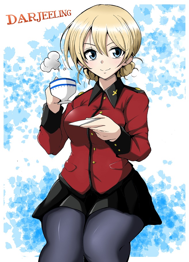 1girl bangs black_legwear black_skirt blonde_hair blue_eyes braid character_name closed_mouth commentary_request cup darjeeling_(girls_und_panzer) epaulettes girls_und_panzer holding holding_cup holding_saucer insignia invisible_chair jacket kirisaki_reina long_sleeves looking_at_viewer military military_uniform miniskirt pantyhose partial_commentary pleated_skirt red_jacket saucer short_hair sitting skirt smile solo st._gloriana's_military_uniform steam teacup tied_hair twin_braids uniform