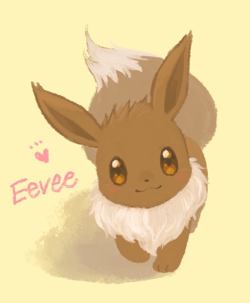 :3 blush brown_eyes character_name closed_mouth commentary_request eevee full_body gen_1_pokemon heart looking_at_viewer no_humans paws pokemon pokemon_(creature) punico_(punico_poke) simple_background smile solo standing toes yellow_background