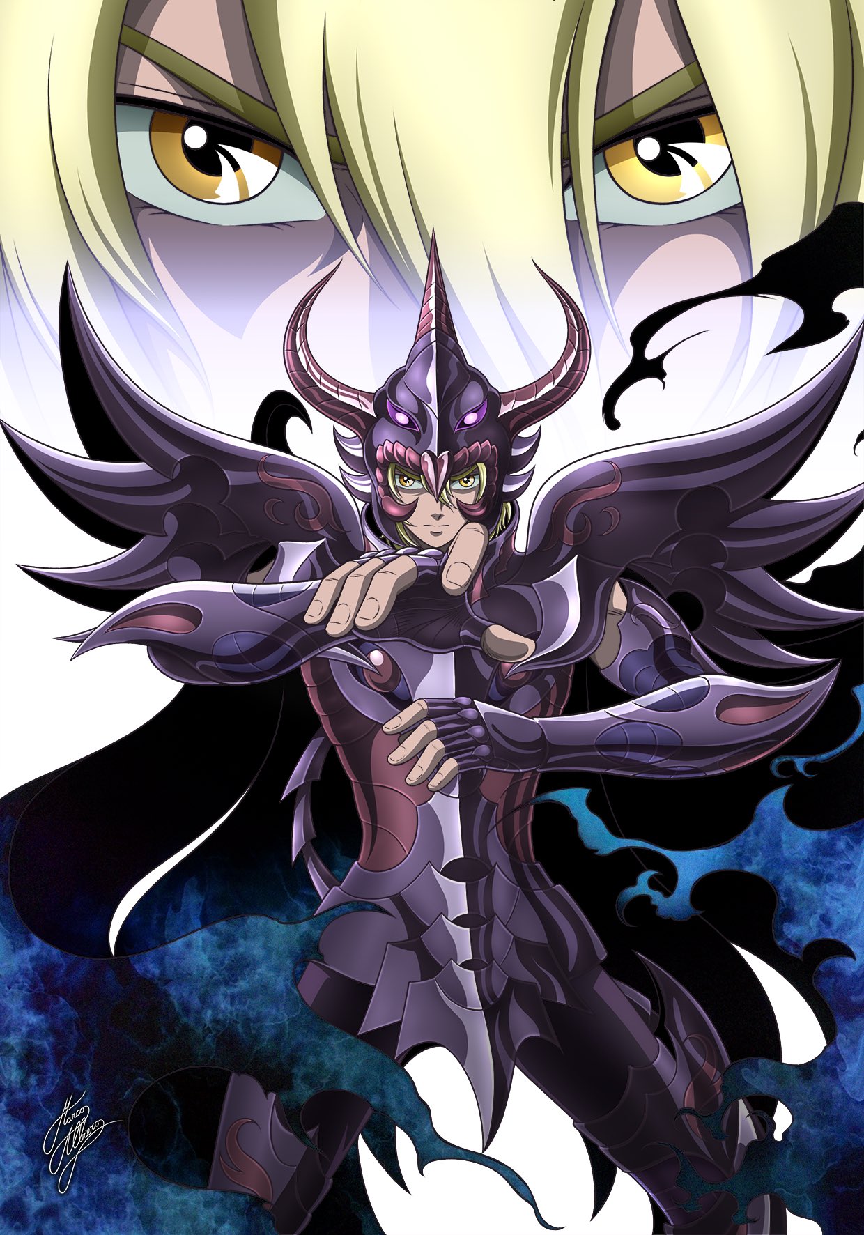 1boy armor blonde_hair hair_between_eyes helmet highres horns male_focus marco_albiero saint_seiya signature solo wings wyrven_rhadamanthys yellow_eyes