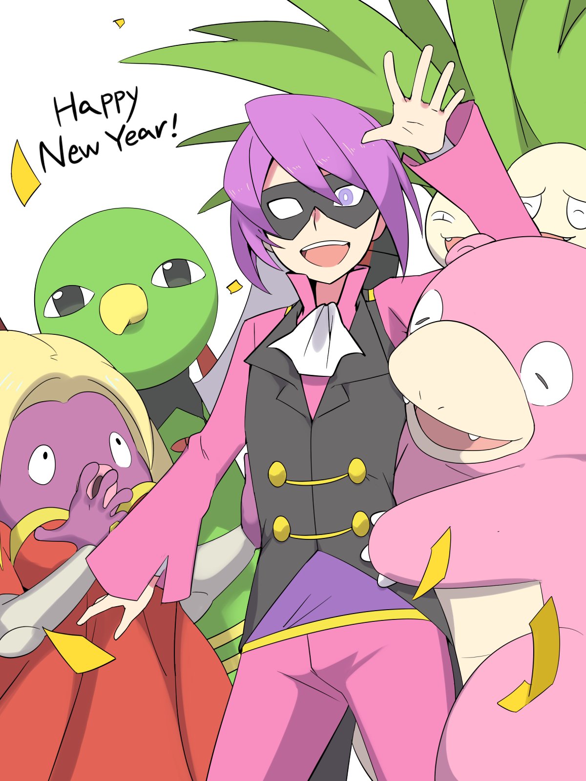 1boy :d arm_up bangs bright_pupils commentary_request confetti cravat domino_mask exeggutor gen_1_pokemon gen_2_pokemon happy happy_new_year highres jynx kiwi_of_ruin korean_commentary long_sleeves male_focus mask new_year open_mouth pants pokemon pokemon_(creature) pokemon_(game) pokemon_hgss purple_hair purple_pants purple_shirt shirt short_hair slowbro smile spread_fingers teeth tongue violet_eyes white_neckwear will_(pokemon) xatu