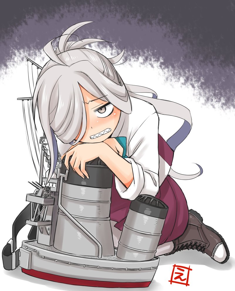 1girl ahoge asashimo_(kancolle) boots clenched_teeth commentary_request cross-laced_footwear ebifly full_body grey_eyes grey_legwear hair_over_one_eye halterneck kantai_collection kneeling lace-up_boots long_hair machinery pantyhose ponytail school_uniform sharp_teeth shirt silver_hair solo teeth white_shirt