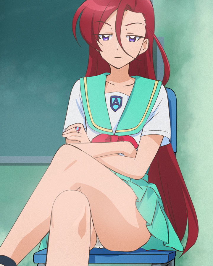 1girl aozora_middle_school_uniform closed_mouth crossed_arms crossed_legs eyebrows_visible_through_hair green_sailor_collar green_skirt hair_between_eyes haruyama_kazunori long_hair looking_at_viewer panties pantyshot precure redhead sailor_collar school_uniform short_sleeves skirt solo takizawa_asuka thighs tropical-rouge!_precure underwear violet_eyes white_panties