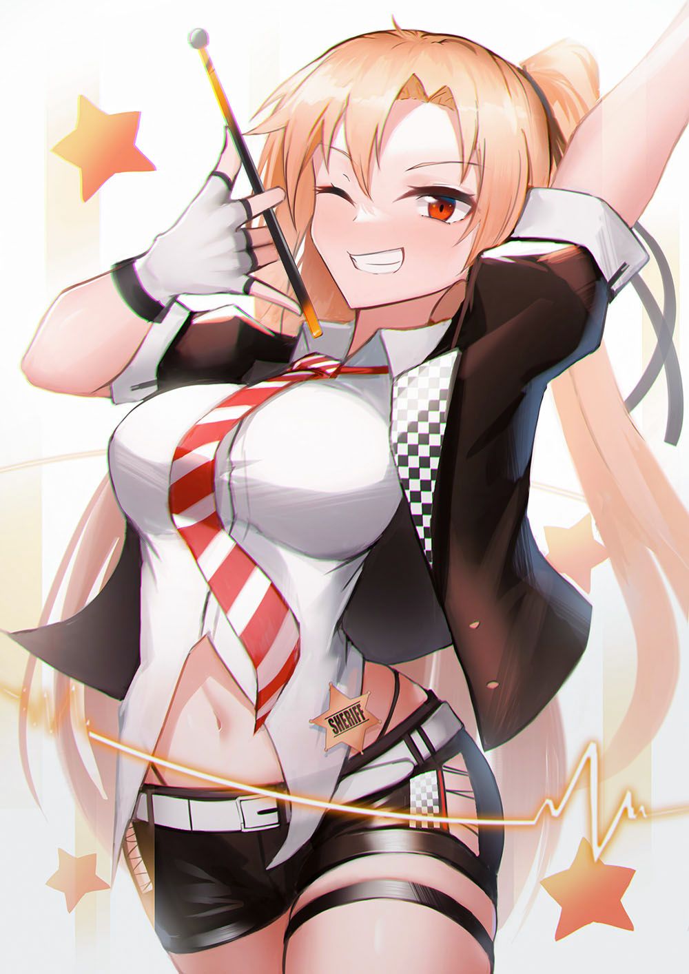 1girl arm_up azur_lane bangs black_jacket black_shorts breasts chromatic_aberration cleveland_(azur_lane) cleveland_(muse)_(azur_lane) commentary_request cowboy_shot fingerless_gloves gloves grin hand_up highres jacket large_breasts lodbyy looking_at_viewer navel one_eye_closed open_clothes open_jacket puffy_short_sleeves puffy_sleeves shirt short_shorts short_sleeves shorts smile solo standing star_(symbol) thigh_strap thighs white_background white_gloves white_shirt