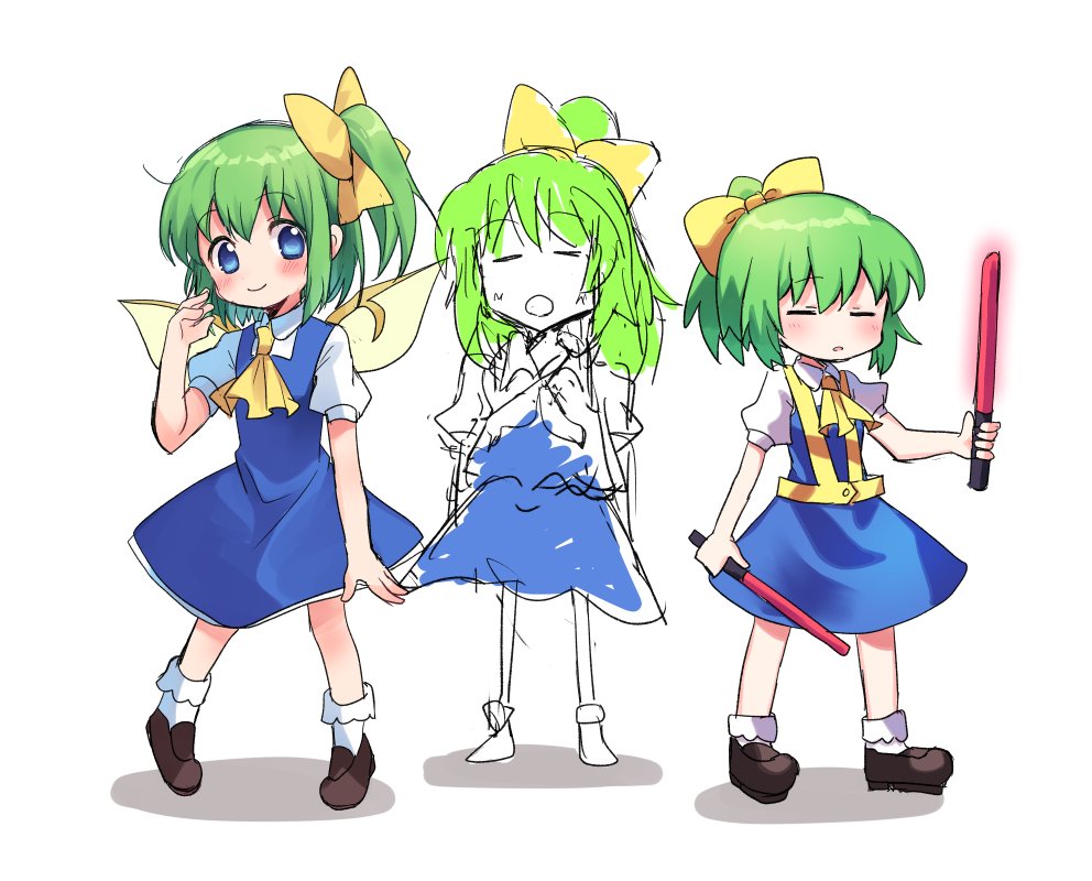 3girls ascot bangs blouse blue_dress blush bow brown_footwear closed_eyes closed_mouth colored_skin commentary_request cookie_(touhou) daiyousei diyusi_(cookie) dress eyebrows_visible_through_hair fairy_wings full_body green_hair hair_between_eyes hair_bow high-visibility_vest holding looking_at_another looking_to_the_side medium_hair multiple_girls open_mouth parody pinafore_dress ponytail puffy_short_sleeves puffy_sleeves shoes short_sleeves side_ponytail simple_background sketch smile socks style_parody touhou traffic_baton white_background white_blouse white_legwear white_skin wings xox_xxxxxx yellow_bow yellow_neckwear