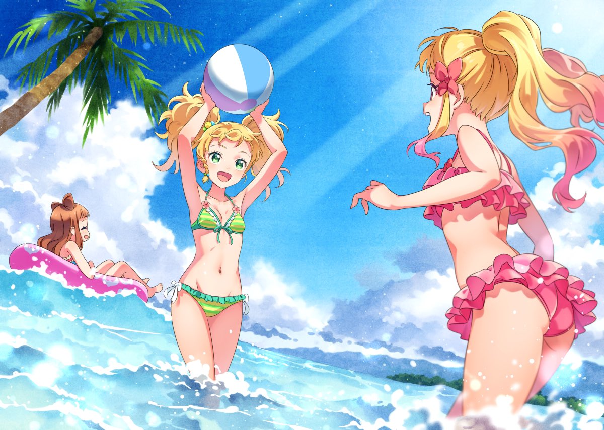 3girls aikatsu!_(series) aikatsu_stars! arms_up ass ball bangs beachball bikini blonde_hair blue_sky blunt_bangs bow bow_bikini breasts brown_hair closed_eyes clouds cloudy_sky commentary day earrings frilled_bikini frills green_bikini green_eyes groin hair_ornament halterneck holding holding_ball innertube jewelry katou_akatsuki long_sleeves medium_hair multiple_girls navel nijino_yume nikaidou_yuzu ocean open_mouth outdoors palm_tree pink_bikini saotome_ako sidelocks sky small_breasts smile sunlight swimsuit tree twintails wading waves