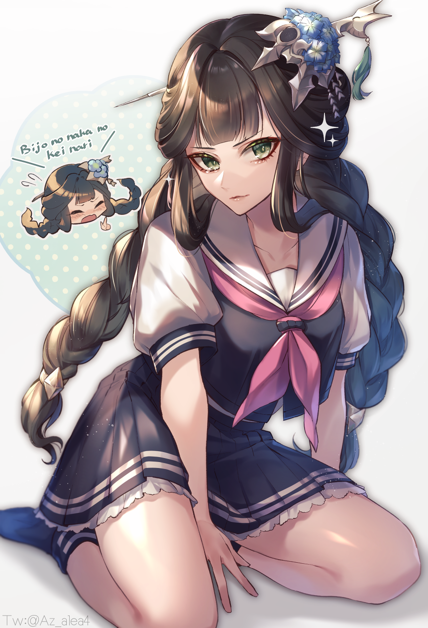 1girl azalea4 black_blouse black_hair black_serafuku black_skirt blouse blush braid closed_eyes embarrassed granblue_fantasy green_eyes hair_ornament hairpin highres long_hair looking_at_viewer neckerchief pleated_skirt sailor_collar school_uniform serafuku shura_(granblue_fantasy) skirt smile twin_braids