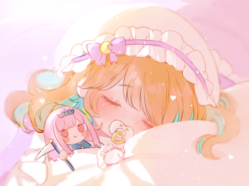 1girl age_regression baby blush_stickers character_doll chino_machiko closed_eyes doll dress earrings feather_earrings feathers holding holding_doll holding_scythe hololive hololive_english jewelry lowres mori_calliope pacifier scythe sleeping stuffed_toy takanashi_kiara tiara veil virtual_youtuber younger