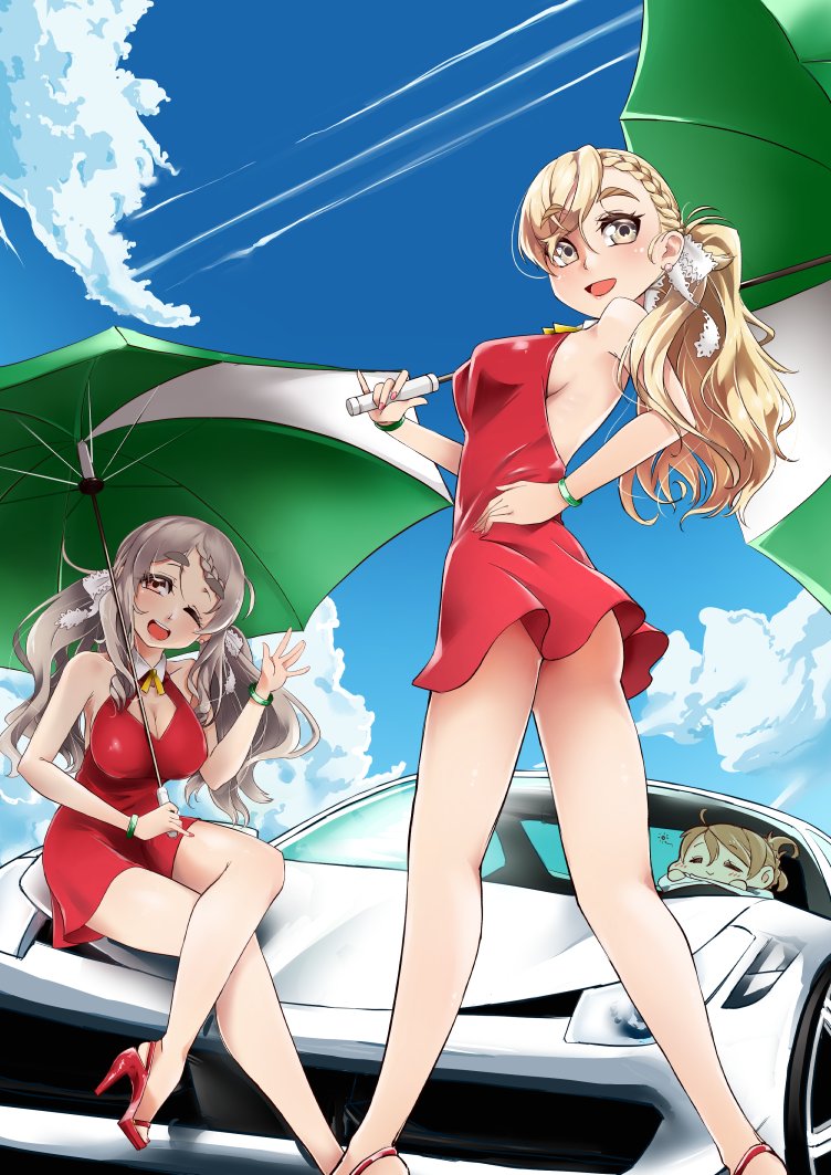 3girls alternate_costume alternate_hairstyle bare_shoulders blonde_hair blue_background blue_sky braid braided_bangs brown_eyes car clouds collarbone commentary_request condensation_trail day dress green_umbrella grey_hair ground_vehicle hair_ribbon kantai_collection legs littorio_(kancolle) long_hair looking_at_viewer low_ponytail low_twintails motor_vehicle multiple_girls open_mouth outdoors pola_(kancolle) racequeen red_dress ribbon round_teeth sky teeth thick_eyebrows twintails umbrella upper_body upper_teeth uzuki_kosuke vehicle_request wavy_hair white_ribbon zara_(kancolle)