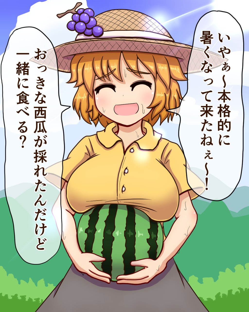 1girl aki_minoriko blush breast_rest breasts brown_skirt camp_of_hunger closed_eyes collared_shirt commentary food food_themed_hair_ornament fruit grape_hair_ornament grapes hair_ornament highres holding holding_food holding_fruit large_breasts melon orange_hair shirt short_hair skirt sweat touhou translation_request watermelon yellow_shirt
