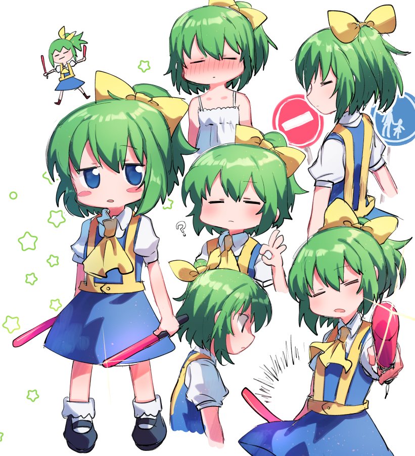 1girl ? alternate_costume ascot bangs black_footwear blouse blue_dress blue_eyes blush_stickers bow closed_eyes closed_mouth cookie_(touhou) daiyousei diyusi_(cookie) dress eyebrows_visible_through_hair full_body green_hair hair_between_eyes hair_bow high-visibility_vest holding looking_at_viewer medium_hair multiple_views no_entry_sign ok_sign open_mouth pedestrians_only_sign pinafore_dress ponytail puffy_short_sleeves puffy_sleeves road_sign shoes short_sleeves sign simple_background socks star_(symbol) sundress touhou traffic_baton upper_body white_background white_blouse white_dress white_legwear xox_xxxxxx yellow_bow yellow_neckwear