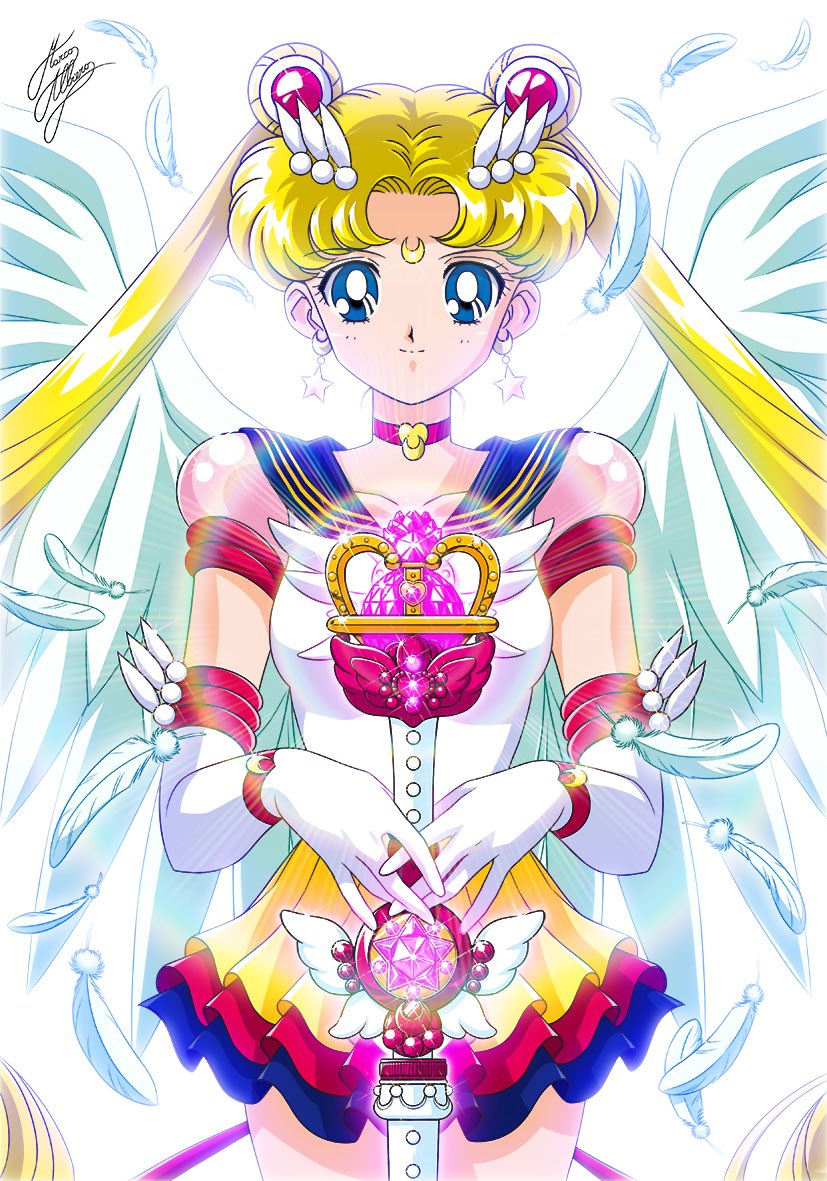 1girl backlighting bishoujo_senshi_sailor_moon blonde_hair blue_eyes choker cowboy_shot crescent crescent_earrings crescent_facial_mark double_bun earrings elbow_gloves eternal_sailor_moon facial_mark feathers forehead_mark frilled_skirt frills gloves glowing jewelry long_hair marco_albiero miniskirt sailor_moon signature skirt solo staff tsukino_usagi twintails very_long_hair white_gloves wings