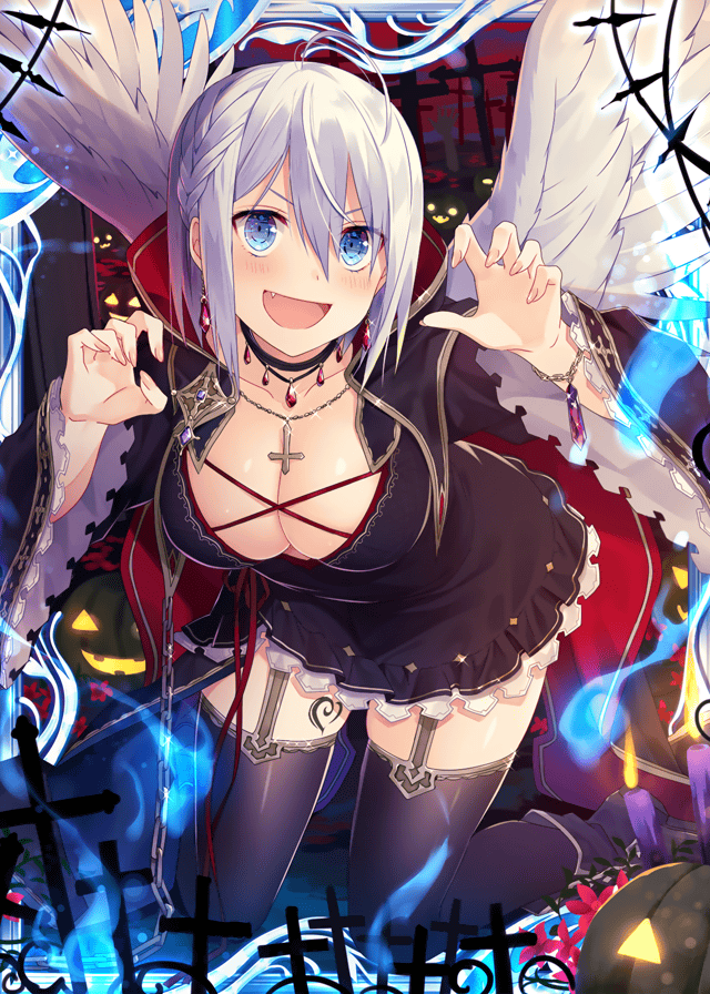 &gt;:p 1girl angel angel_wings black_dress blue_eyes breasts candle chain collaboration collarbone cross cross_necklace dress falkyrie_no_monshou graveyard halloween halloween_costume jack-o'-lantern jewelry large_breasts looking_at_viewer musse_(falkyrie_no_monshou) natsumekinoko necklace official_art open_mouth shinkai_no_valkyrie short_hair thigh-highs white_hair wings