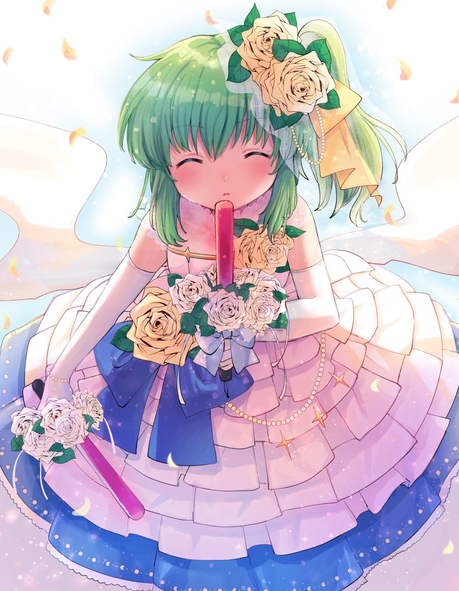 1girl bangs blush bouquet bow closed_eyes commentary_request cookie_(touhou) daiyousei diyusi_(cookie) dress dual_wielding elbow_gloves eyebrows_visible_through_hair flower gloves green_hair hair_between_eyes hair_bow hair_flower hair_ornament holding holding_bouquet looking_at_viewer medium_hair open_mouth ponytail solo strapless strapless_dress touhou traffic_baton wedding_dress white_dress white_flower white_gloves xox_xxxxxx yellow_bow yellow_flower