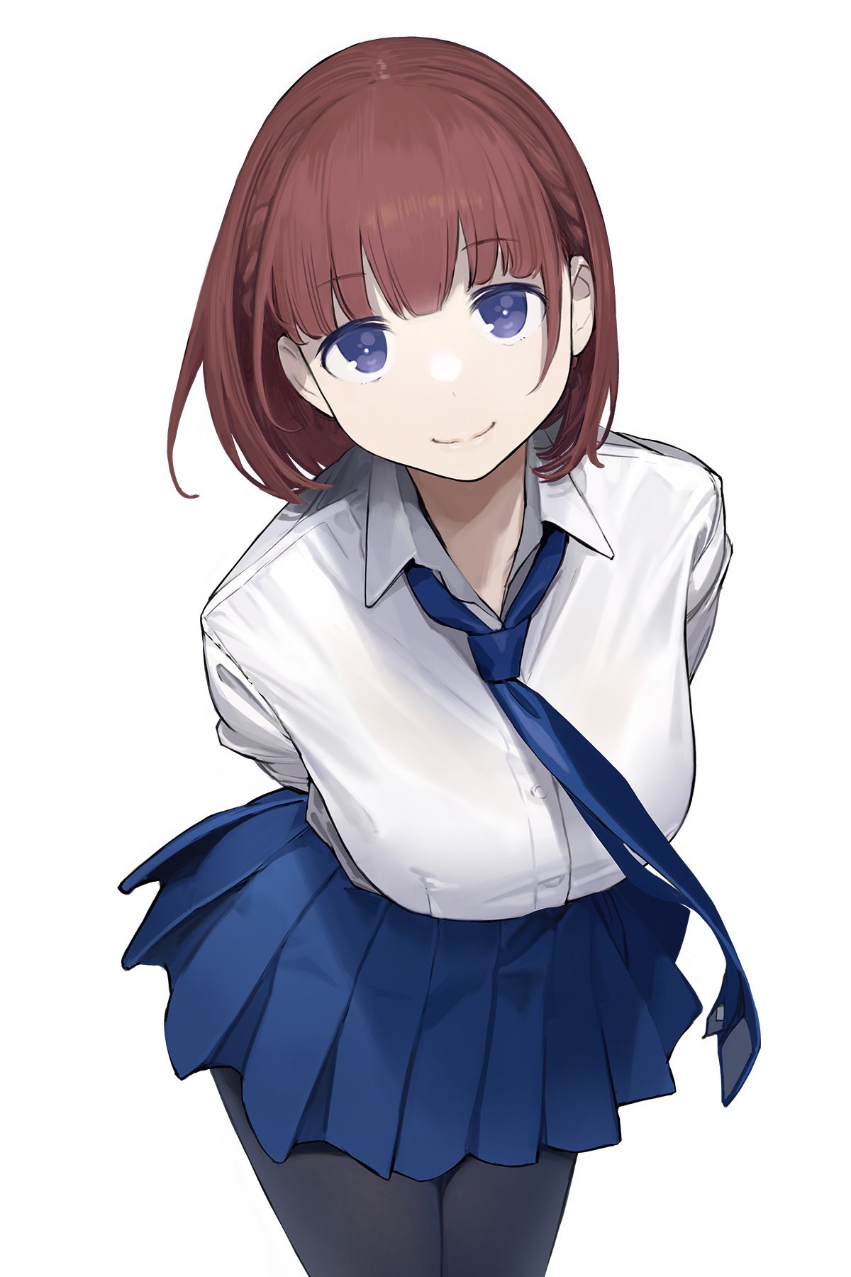 1girl ai-chan_(tawawa) arms_behind_back bangs blue_eyes blue_neckwear blue_skirt braid breasts brown_hair closed_eyes collared_shirt eyebrows_visible_through_hair feet_out_of_frame getsuyoubi_no_tawawa highres large_breasts looking_at_viewer necktie pantyhose pleated_skirt school_uniform shirt short_hair simple_background skirt smile solo white_background white_shirt yomu_(sgt_epper)