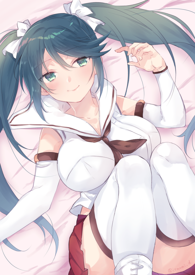 1girl bed breasts brown_neckwear detached_sleeves green_eyes grey_hair isuzu_(kancolle) kantai_collection large_breasts long_hair looking_at_viewer lying neckerchief one-hour_drawing_challenge pleated_skirt red_skirt revision saiki_yuzuri sailor_collar school_uniform serafuku skirt solo thigh-highs twintails white_legwear white_sailor_collar