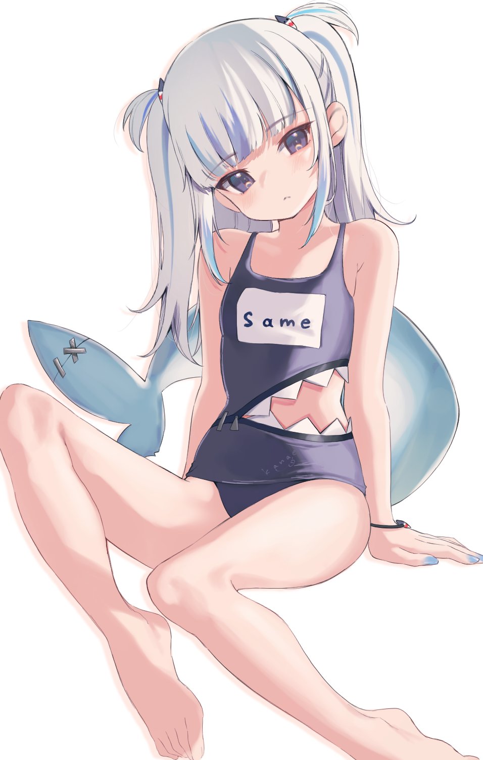 clothing_cutout eyebrows_visible_through_hair feet fish_tail flat_chest gawr_gura highres hololive hololive_english inorin05kanae name_tag one-piece_swimsuit shark_tail swimsuit tail white_hair