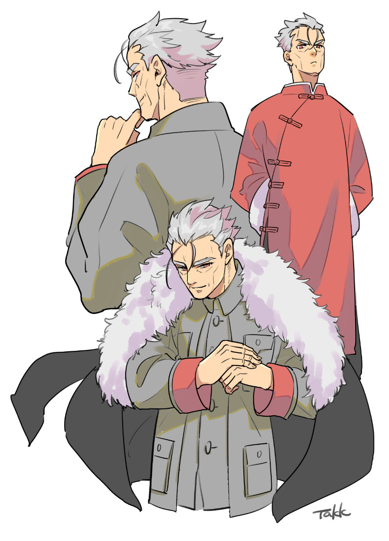 1boy antenna_hair cape facing_viewer fate/grand_order fate_(series) fur_trim grey_hair hand_up hands_in_pockets hands_together li_shuwen_(fate/grand_order) long_sleeves multiple_views old old_man pocket simple_background takku_(takk25) white_background