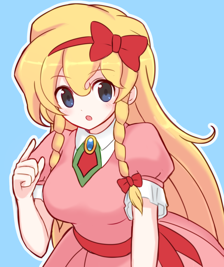 1girl :o bangs blonde_hair blue_background blue_eyes blush bow bow_hairband braid breasts castlevania castlevania:_rondo_of_blood collared_dress dress eyebrows eyebrows_visible_through_hair hair_between_eyes hair_bow hairband hand_up large_breasts long_hair looking_at_viewer maria_renard open_mouth outline pink_dress puffy_short_sleeves puffy_sleeves red_bow red_hairband sash short_sleeves simple_background solo suta_(clusta) twin_braids very_long_hair white_outline