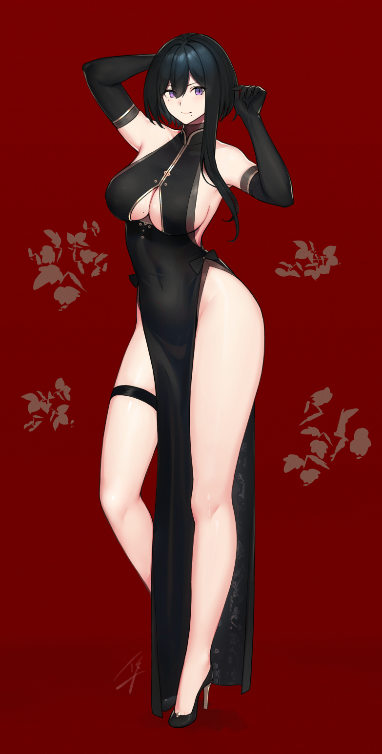 1girl bangs bare_shoulders black_dress black_footwear black_gloves black_hair blush breasts china_dress chinese_clothes closed_mouth clothing_cutout dress elbow_gloves full_body gloves hair_between_eyes hayabusa high_heels highres large_breasts long_hair long_legs looking_at_viewer mole mole_on_breast mole_under_eye mole_under_mouth original pelvic_curtain red_background sideboob thigh_strap under_boob underboob_cutout violet_eyes