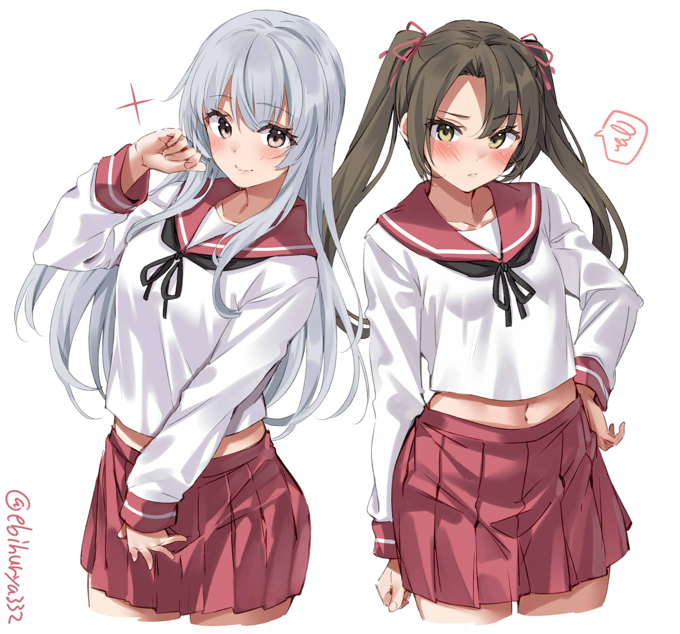 2girls alternate_costume black_neckwear blush breasts collarbone cowboy_shot dark_green_hair ebifurya eyebrows_visible_through_hair green_eyes hair_between_eyes hair_ribbon highres kantai_collection long_hair long_sleeves looking_at_viewer medium_breasts multiple_girls neckerchief red_sailor_collar red_skirt ribbon sailor_collar school_uniform shirt shoukaku_(kancolle) siblings side_ponytail simple_background sisters skirt small_breasts sparkle twintails twitter_username white_background white_hair white_ribbon white_shirt zuikaku_(kancolle)