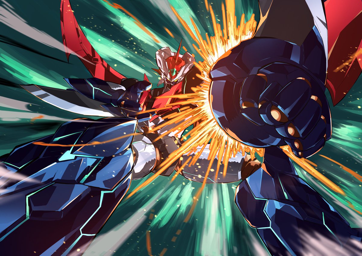 clenched_hand english_commentary fighting_stance looking_at_viewer mazinger_z mazinger_z_(mecha) mecha mechanical_wings no_humans open_hand pillar_buster rocket_punch science_fiction solo super_robot wings yellow_eyes