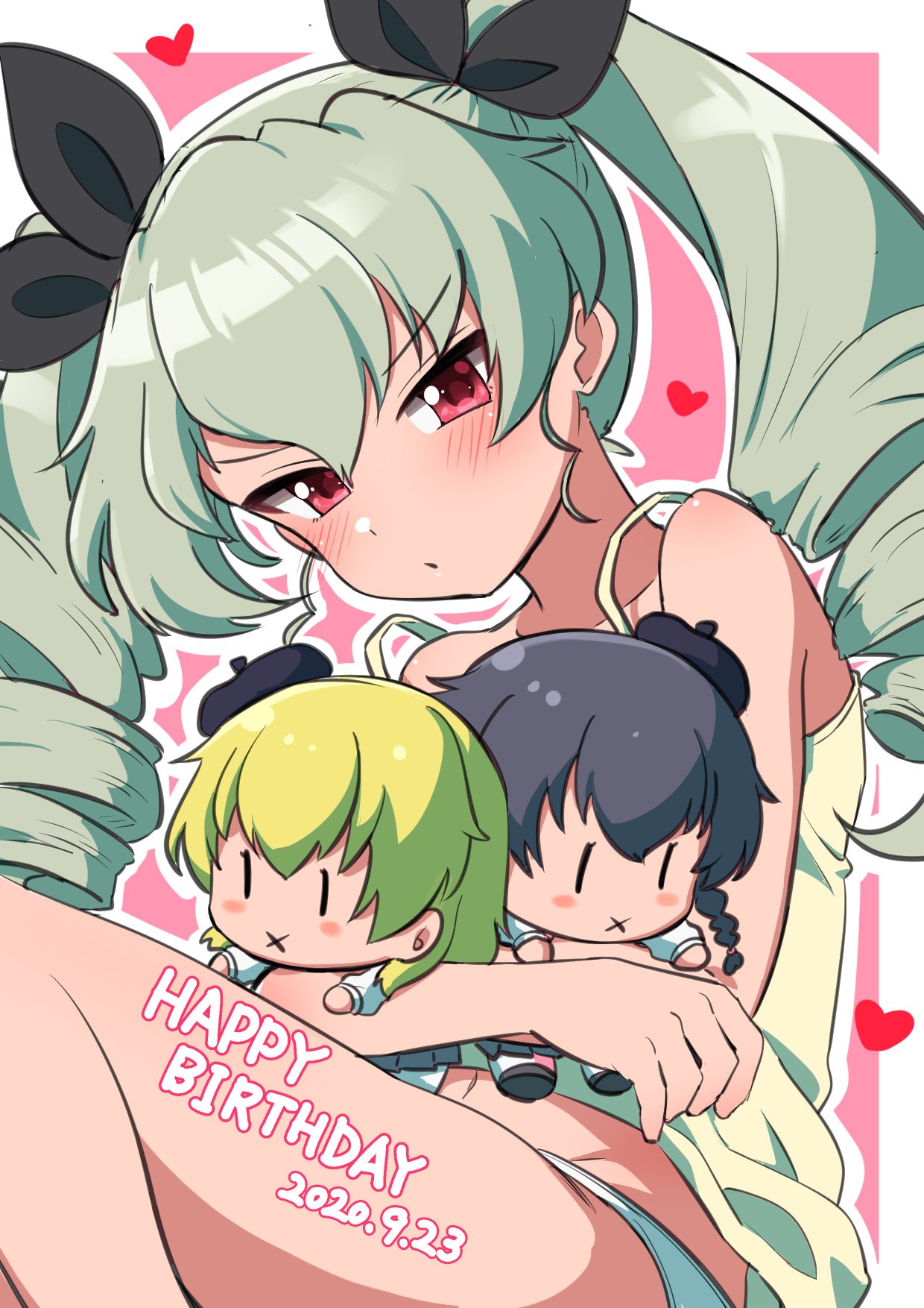 1girl anchovy_(girls_und_panzer) bad_id bad_twitter_id bangs birthday black_ribbon camisole carpaccio_(girls_und_panzer) character_doll closed_mouth commentary dated doll drill_hair frown girls_und_panzer glaring green_hair hair_ribbon half-closed_eyes happy_birthday heart highres holding holding_doll long_hair looking_at_viewer ngetyan outline panties pepperoni_(girls_und_panzer) red_eyes ribbon shirt sleepwear solo twin_drills twintails underwear underwear_only white_outline white_panties yellow_shirt