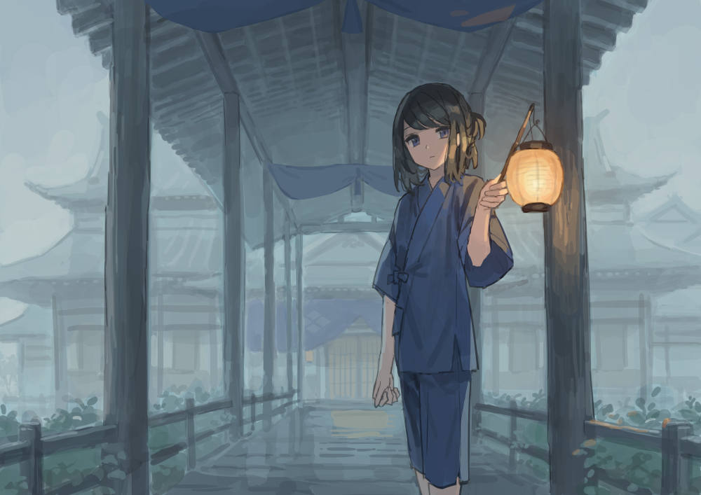 1girl architecture bangs black_hair building chorefuji clenched_hand closed_mouth commentary_request day east_asian_architecture eyelashes fence fog grey_eyes hand_up holding holding_stick lantern looking_at_viewer medium_hair original outdoors pillar plant shorts side_slit side_slit_shorts solo standing stick