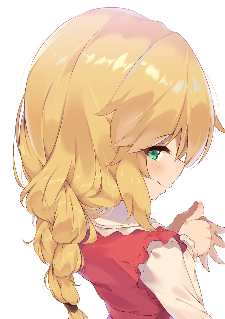 1girl alternate_hairstyle blonde_hair blush braid braided_ponytail dress fingers_together frilled_dress frilled_sleeves frills from_behind green_eyes hands_together idolmaster idolmaster_cinderella_girls kyou_(kyo_u) looking_at_viewer looking_back sakurai_momoka simple_background smile solo steepled_fingers upper_body white_background